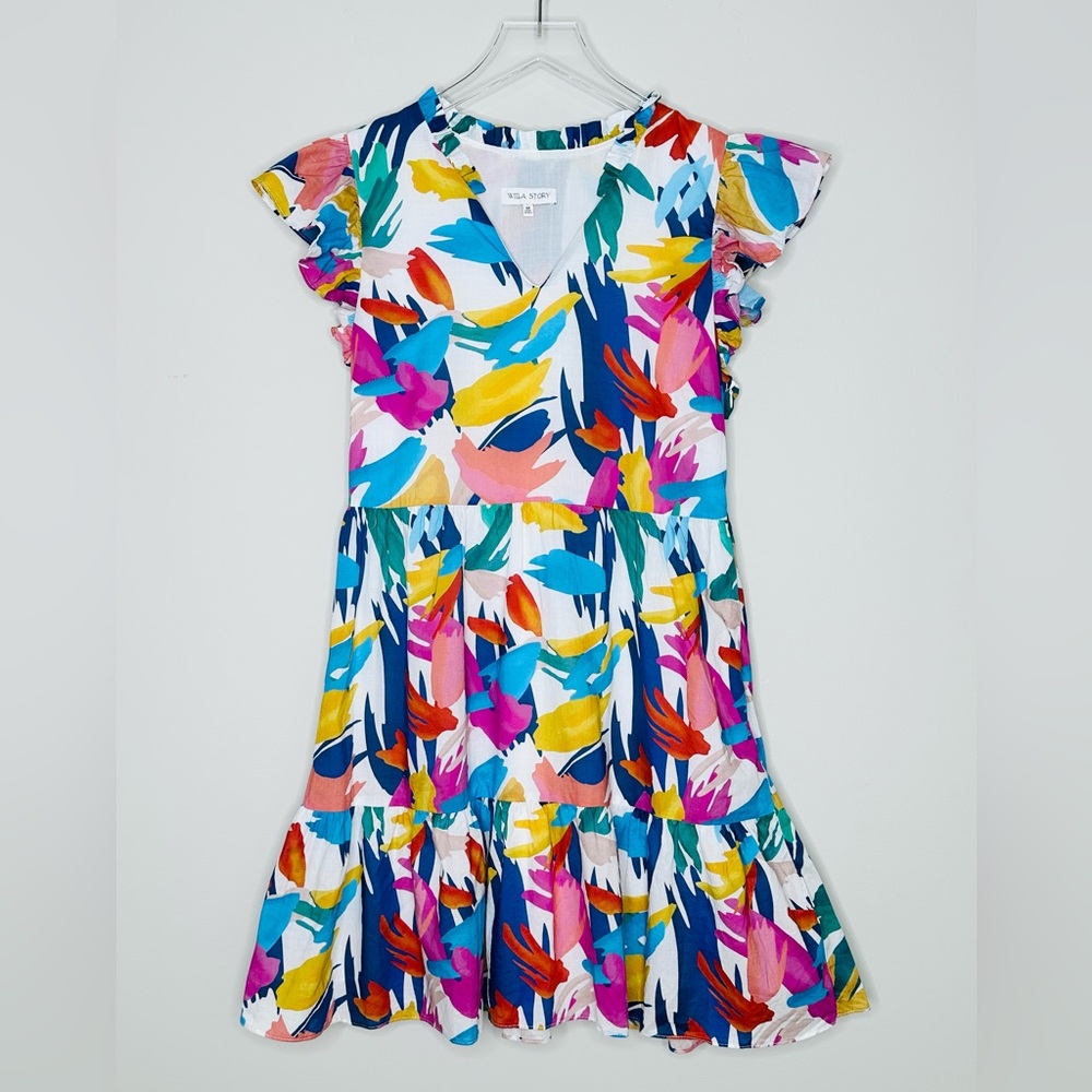 Willa Story Phoebe White Watercolor Print Flutter Sleeve Tiered Dress Size M